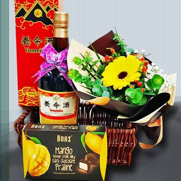 FA011 - Gerbera with Yomeishu Health Tonic & chocolates Gift Basket