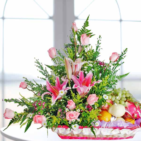 GW003 Pink Lily and Roses Fruits Basket Arrangement