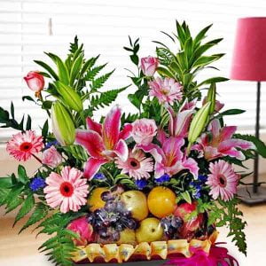 GW022 Pink Lily, Gerbera & Roses Fruits Basket Arrangement